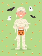 Fototapeta premium happy caucasian boy in mummy costume holding pumpkin bucket on green background with candy corn, bats and ghosts. halloween trick or treat holiday concept. party invitation, greeting card, poster.