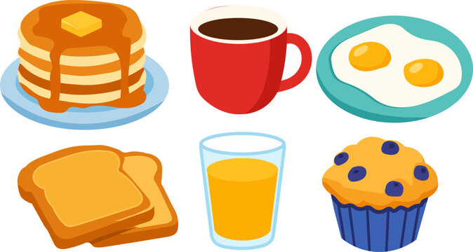Breakfast food elements featuring pancakes with syrup, hot coffee in a red mug, fried eggs, toast, orange juice, and a blueberry muffin and menu
