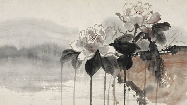 Elegant Peony Flowers Painted in Traditional Chinese Ink Wash Style with Soft Atmospheric Misty Background