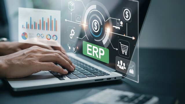 Business person using a laptop with erp software dashboard and financial graphics