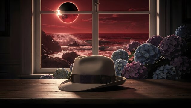 Fedora Hat Resting on a Wooden Table Before a Scenic Window View of a Dark Solar Eclipse Over the Ocean at Twilight