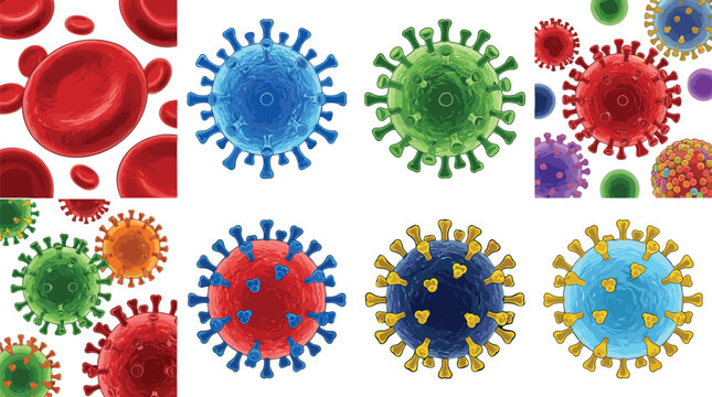 Vector set of detailed coronavirus cells and human red blood cells medical microbiology pandemic disease concepts isolated on white background