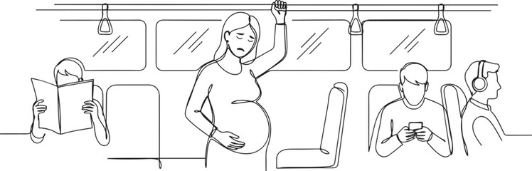 a pregnant woman using public transport stands up and no one gives a place. one line art icon drawing © MDROBIUL