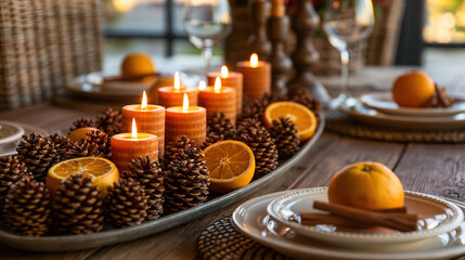 Fototapeta premium Cozy dining scene with candles, pinecones, orange slices, and cinnamon sticks