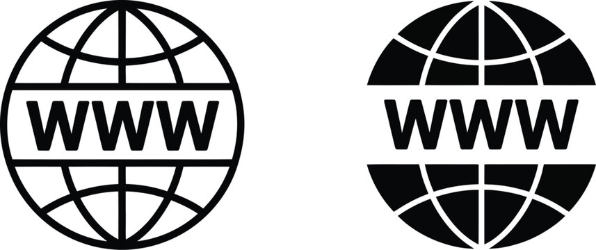 WWW, globe icon, white and black color scheme, internet, website, web browser, online communication and global network symbols worldwide
