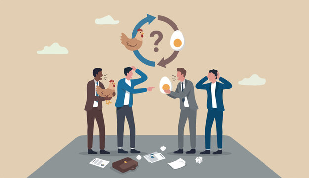 Business argument, conflict or disagreement, wasted meeting time arguing with no result, controversy question concept, businessman colleagues arguing too fight about chicken vs egg who come first