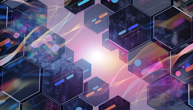 hexagonal structures with glowing lines and colorful shapes