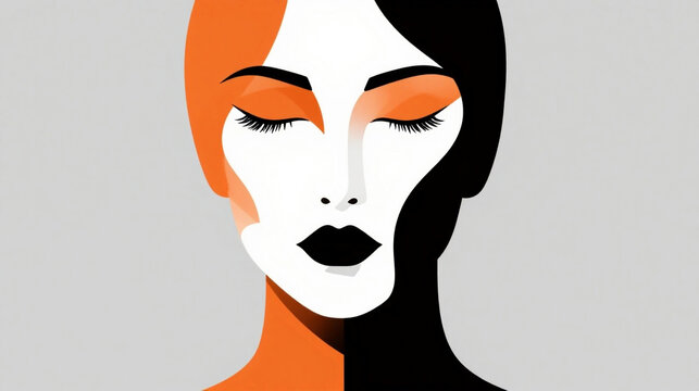 Geometric woman face, abstract portrait, orange black and white illustration, modern art