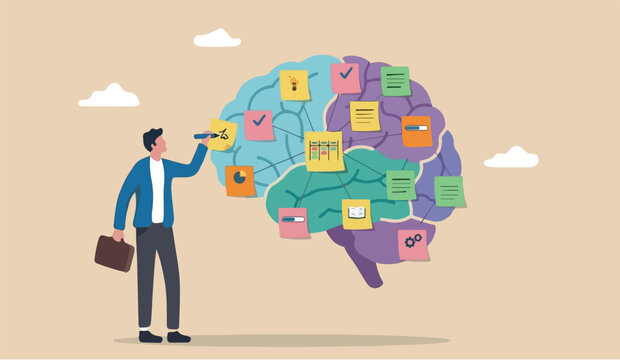 memo brainstorm of sticky notes productive plan memory or task reminder, mind map for work arrangement, thought and wisdom concept businessman human brain