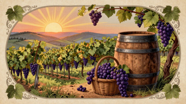 Vineyard, grape harvest, wine country landscape, sunset