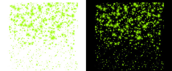 Glowing green glitter falling on black and white backgrounds, sparkling lime confetti particles, festive emerald dust overlay for holiday design © Motion Mania