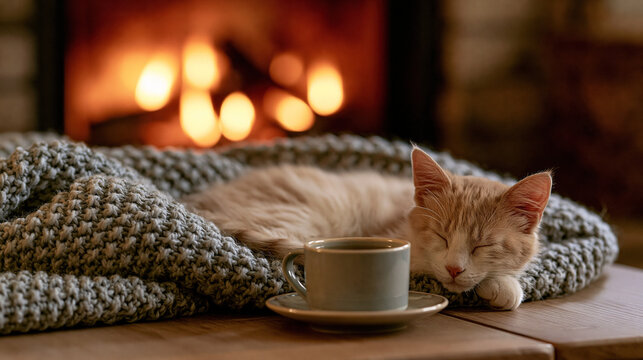 Relaxed Cat Napping Near Cozy Fireplace