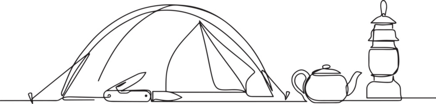 camping equipment concept such as a camping tent set up outside and a knife kerosene lamp teapot in front of it. one line art icon drawing