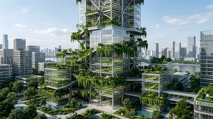 Obraz premium Modern sustainable skyscraper featuring lush vertical gardens with glass walls steel structures and hanging plants under a bright blue sky