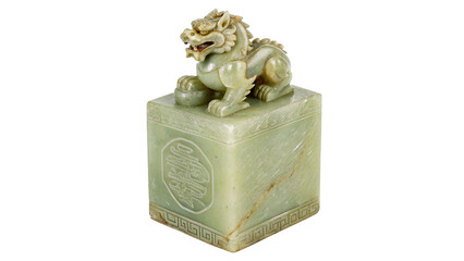 Ancient green jade carving seal stamp with a mythical creature isolated on transparent background cut out © novenko-png