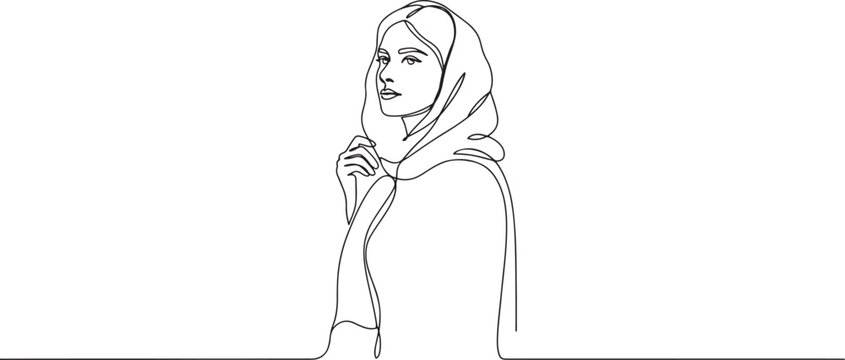 A woman opposes the obligation to wear a headscarf. She takes off her headscarf and holds it in her hand. one line art icon drawing