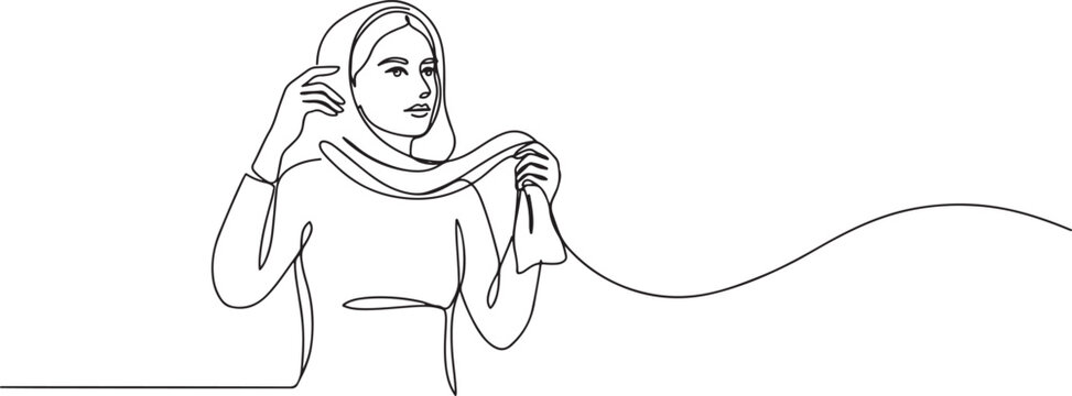 A woman opposes the obligation to wear a headscarf. She takes off her headscarf and holds it in her hand. one line art icon drawing