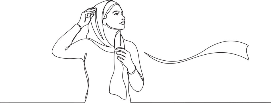 A woman opposes the obligation to wear a headscarf. She takes off her headscarf and holds it in her hand. one line art icon drawing