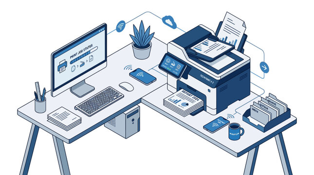 Modern office workspace with computer and printer on desk.