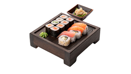 Traditional Japanese bento box or tray filled with assorted sushi isolated on transparent background cut out © novenko-png