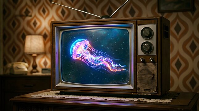 A glowing bioluminescent jellyfish with vibrant neon tentacles floats inside the screen of an old wooden vintage television set