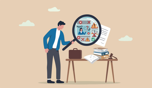 Fake document, wrong information verification fake news inspection, fraud illegal reports concept, smart businessman inspector magnifying glass into verify fake document