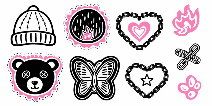 Bear Butterfly And Flame Patch Designs Black Line Art Vector Illustration