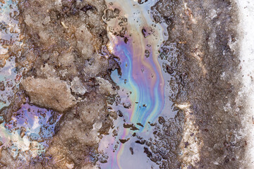 Fototapeta premium Iridescent oil film floating on melting snow puddles, revealing chemical pollution and road grime remnants during the spring thaw on a city asphalt surface