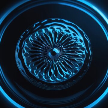 Abstract blue water ripples forming concentric circles. Macro view of sound wave cymatics resonance or fluid vibration on dark liquid surface, top view.