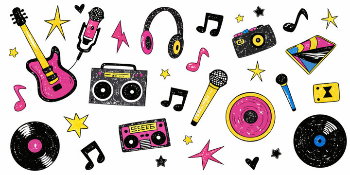 Music themed Illustration Featuring Guitars Cassettes And Musical Notes