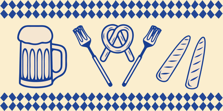 Beer mug pretzel and grilling utensils vector illustration with diamond pattern