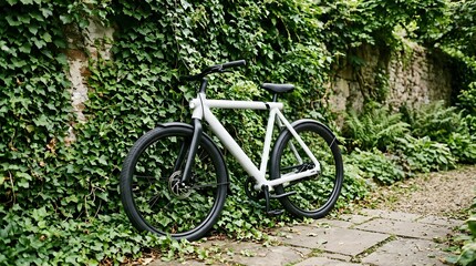 Fototapeta premium A sleek white electric bicycle featuring black components and minimalist frame design stands stationary on a textured stone garden path
