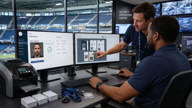 IT specialists managing digital accreditation badges in stadium security hub