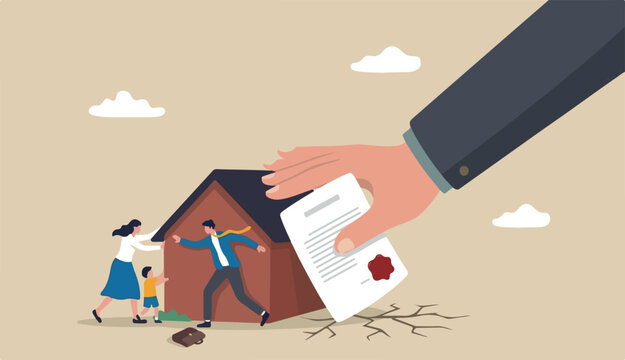 Eviction mortgage debt foreclosure difficulty too payback bank mortgage loan concept, bankruptcy man family fighting hold to back their house with big legal hand evict by law
