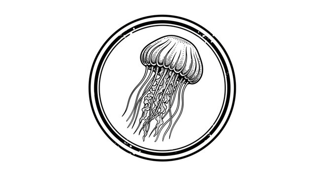Detailed jellyfish silhouette in circular border.