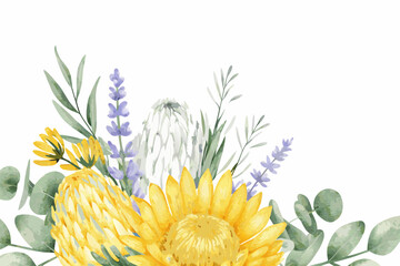 Watercolor sunflower lavender and eucalyptus arrangement on a white background © Shuvra Majumder