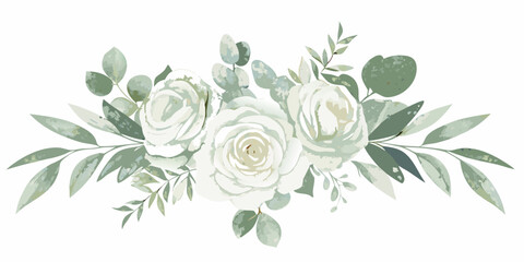 Watercolor white rose and eucalyptus arrangement with green foliage on a white background © Shuvra Majumder