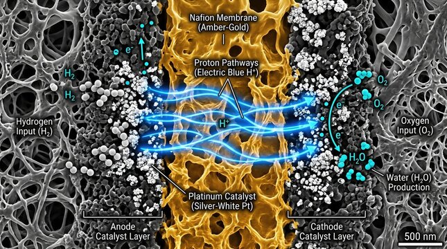 Fuel cell mechanism demonstrating hydrogen energy conversion, visualizing proton exchange membrane, electron flow, oxygen input, platinum catalyst, water production, nanoscale detail.