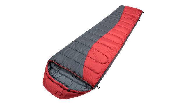 Red and black outdoor camping sleeping bag gear template isolated on transparent background cut out