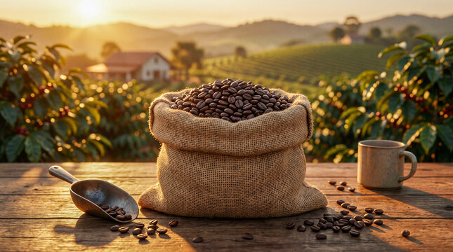 Mockup hiperrealista de saco de tela lleno de granos de caf&eacute; reci&eacute;n tostados sobre una mesa r&uacute;stica con luz c&aacute;lida. Fondo desenfocado de plantaci&oacute;n de caf&eacute; y ambiente natural.