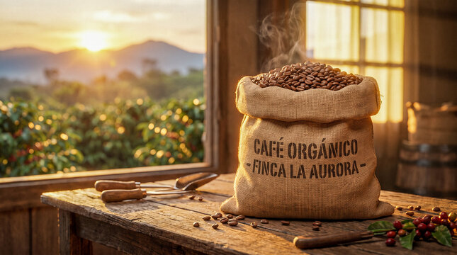 Mockup hiperrealista de saco de tela lleno de granos de caf&eacute; reci&eacute;n tostados sobre una mesa r&uacute;stica con luz c&aacute;lida. Fondo desenfocado de plantaci&oacute;n de caf&eacute; y ambiente natural.