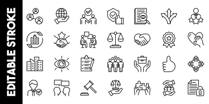 Business Ethics Compliance Governance Line Icons Set Editable Vector Illustration Isolated on Transparent Background.