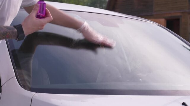 A man applies a ceramic anti-rain coating to the windows and headlights of a car.