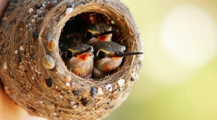 Fototapeta premium Macro view tiny hummingbird chicks inside intricate nest. Baby birds peek from woven structure with delicate features. Natural bokeh creates soft background. Wildlife photo shows fragile life cycle.