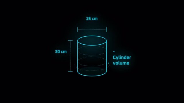 Educational animation showing the calculation of cylinder volume with dimensions.