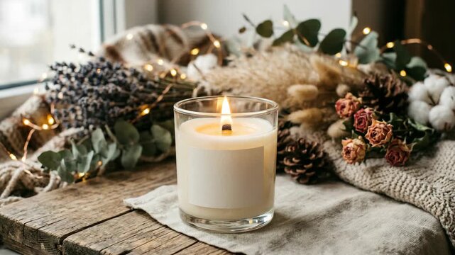 A white scented candle on a rustic table surrounded by twinkling lights and pine cones for a festive atmosphere.