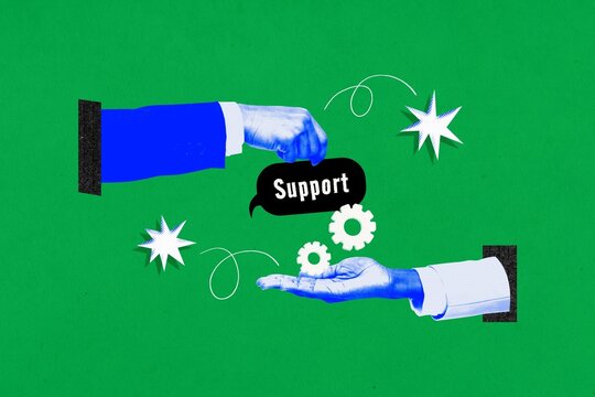 Support concept with two hands passing gears on green background