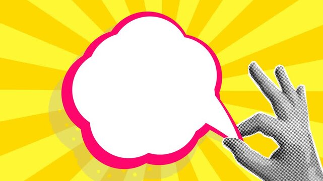 speech bubble copy space motion graphic video template, halftone hand holding text box, rotating striped yellow background, magazine pop art style, infographic design