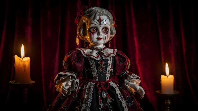 Spooky horror doll with bleeding eyes in gothic dress standing between two lit candles against a red velvet curtain background