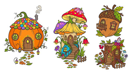 Fototapeta premium Whimsical Fairy Homes: Pumpkin, Mushroom, Acorn and Tree Stump Houses